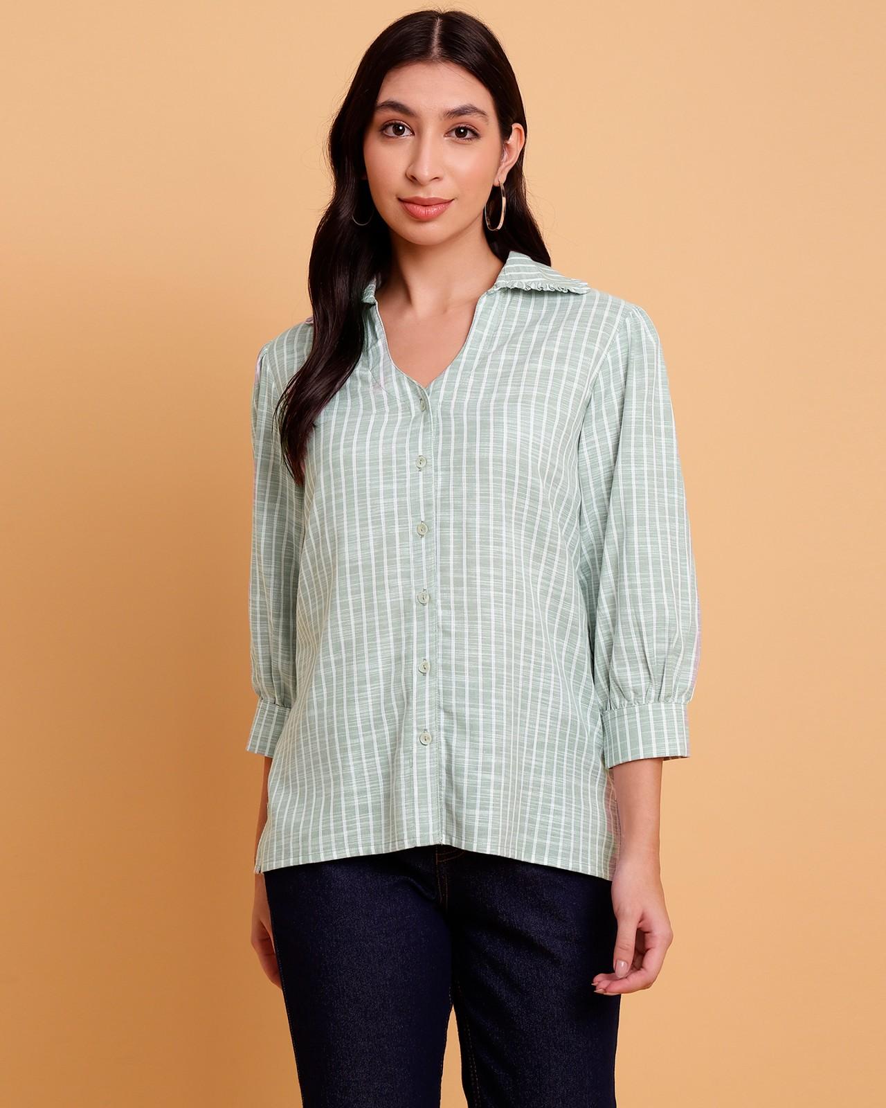 Oversize Green Stripe Shirt With Ruffle Collar